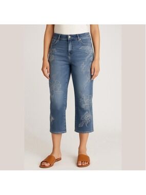 Women's LANE BRYANT Blue Floral Embroidered Girlfriend Crop Jeans Plus 24